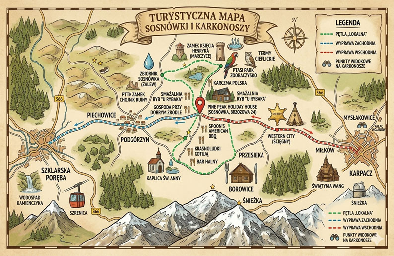 Turystyczna mapa Sosnówki i Karkonoszy z Pine Peak Holiday House